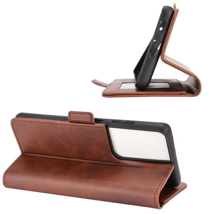 Dual Magnetic Clasp Leather Folio Flip Phone Cover Leather Case for Samsung Galaxy S21 Ultra 5G - Brown