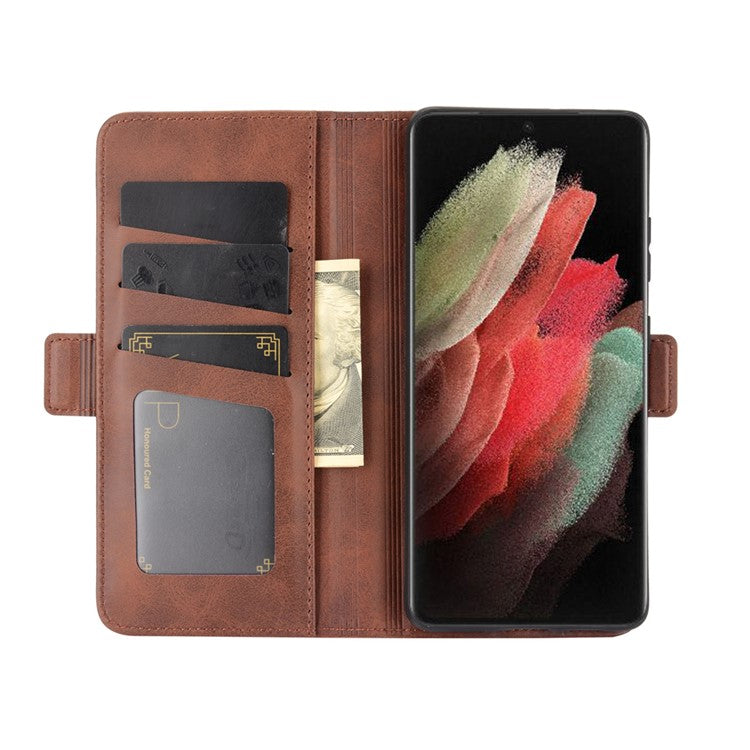 Dual Magnetic Clasp Leather Folio Flip Phone Cover Leather Case for Samsung Galaxy S21 Ultra 5G - Brown