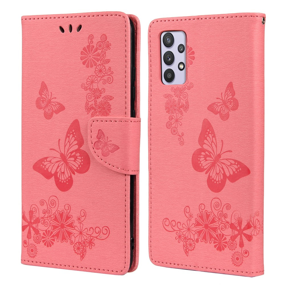 Imprinted Butterflies Flower Leather Wallet Stand Case Shell for Samsung Galaxy A32 5G/M32 5G - Pink