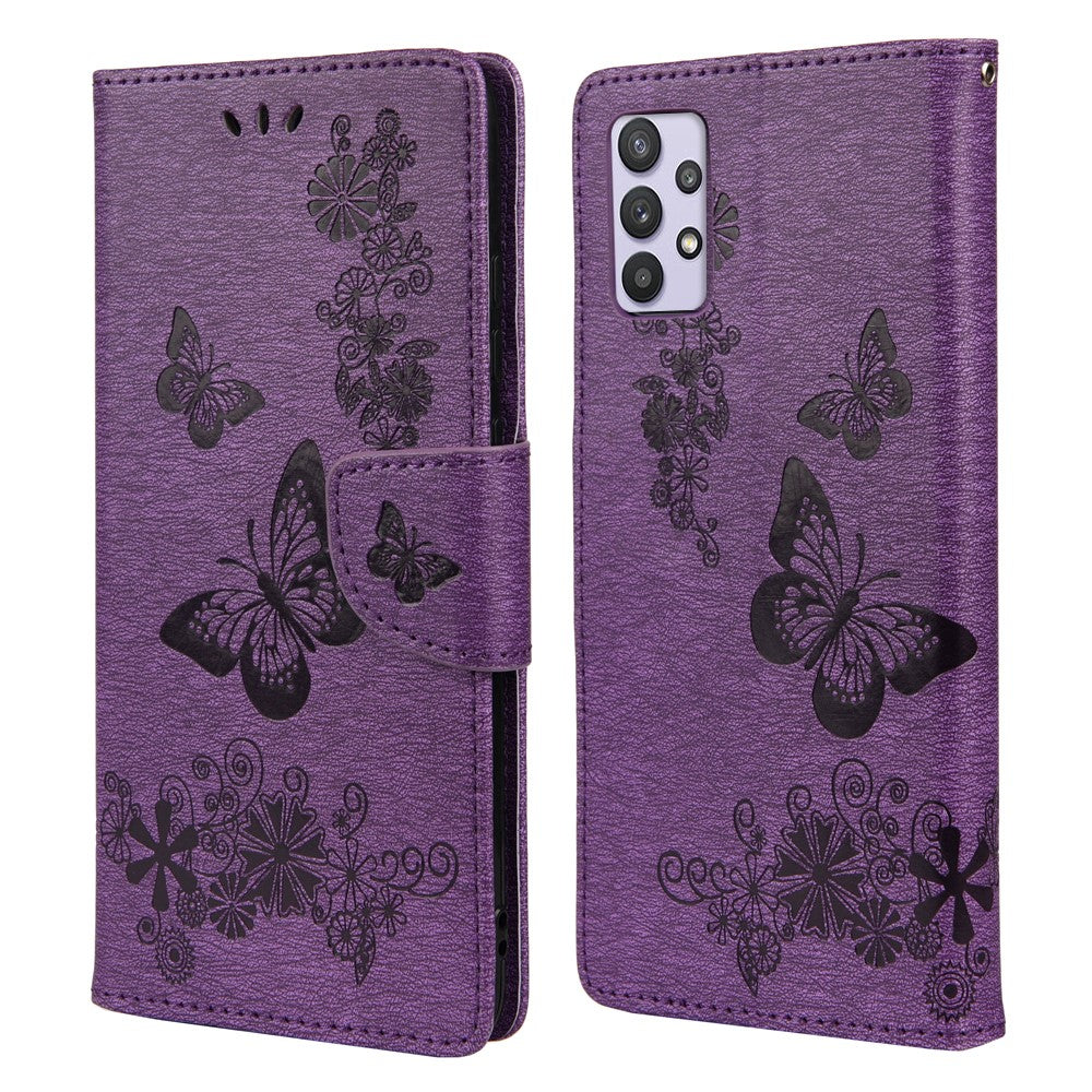 Imprinted Butterflies Flower Leather Wallet Stand Case Shell for Samsung Galaxy A32 5G/M32 5G - Purple