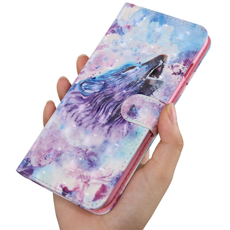 3D Pattern Printing Wallet Stand PU Leather Full-Protection Phone Cover Case for Samsung Galaxy A12 - Howling Wolf