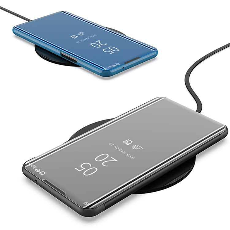 View Window Electroplated Mirror Surface Leather Shell Phone Stand Case for Samsung Galaxy A72 5G/4G - Black