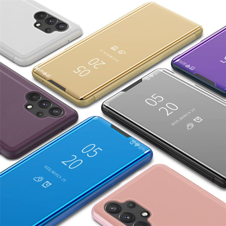 View Window Electroplated Mirror Surface Leather Shell Phone Stand Case for Samsung Galaxy A32 4G (EU Version) - Gold