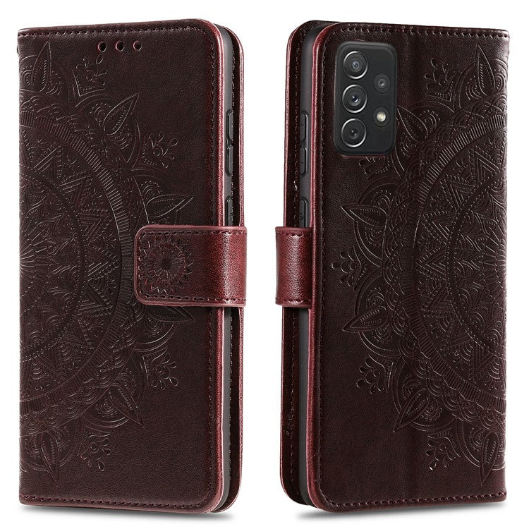 Imprinted Mandala Flower Wallet Leather Case with Strap for Samsung Galaxy A52 4G/5G / A52s 5G - Brown