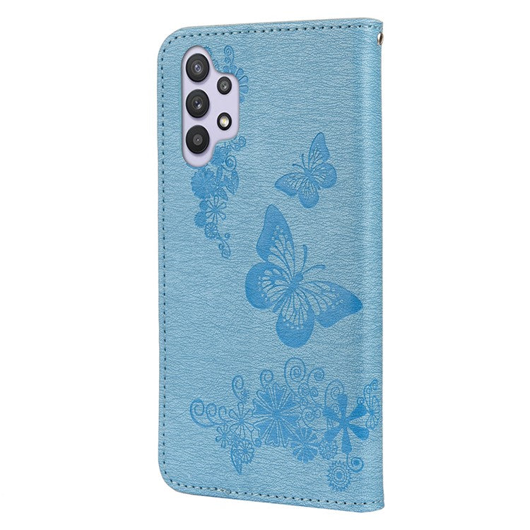 Butterflies Flower Pattern Design Imprinting Leather Wallet Stand Case for Samsung Galaxy A32 4G (EU Version) - Blue