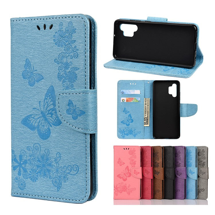 Butterflies Flower Pattern Design Imprinting Leather Wallet Stand Case for Samsung Galaxy A32 4G (EU Version) - Blue