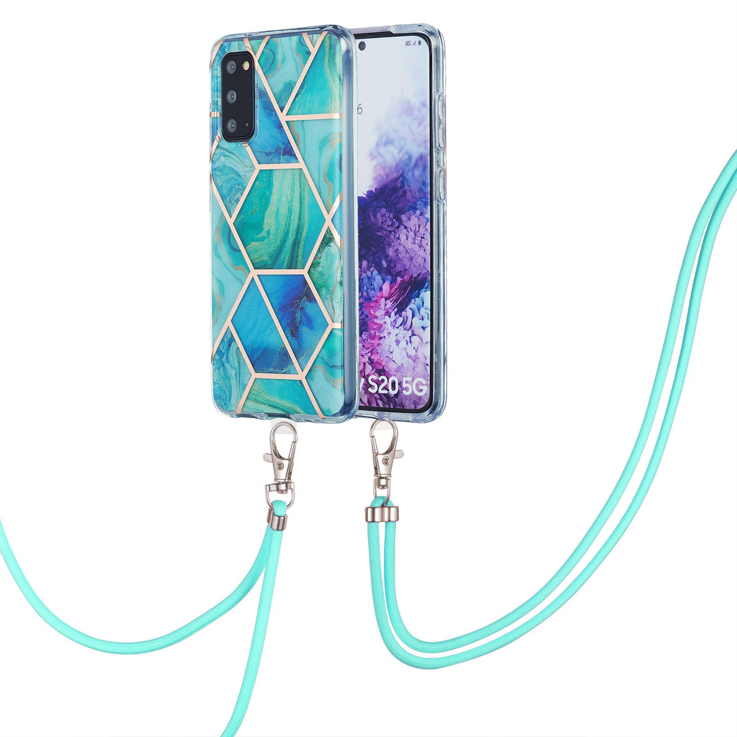 2.0mm IMD Electroplating Marble Pattern Protective Shell Case with Lanyard for Samsung Galaxy S20 4G/S20 5G - Green