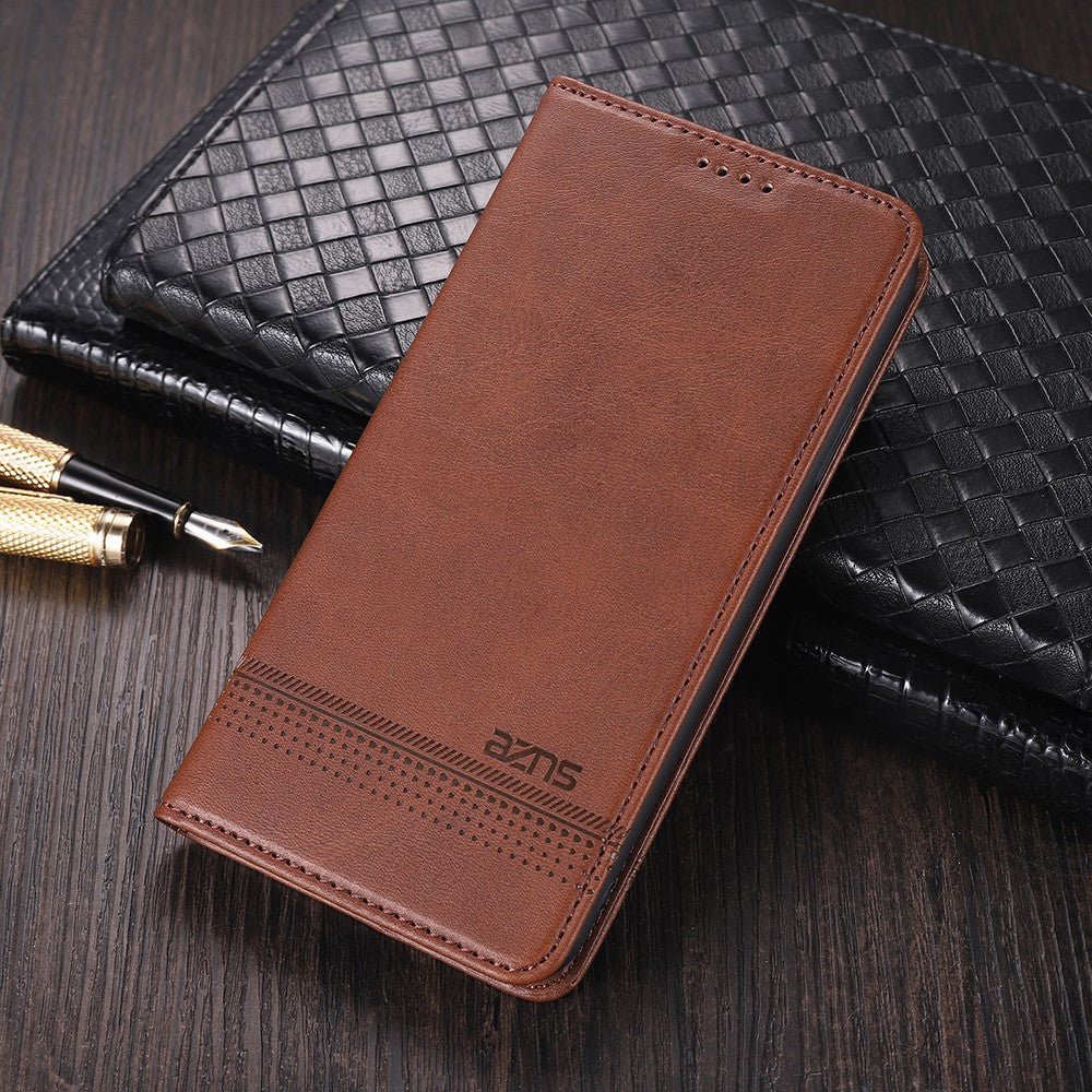 AZNS Wallet Design Auto-absorbed Magnet Well-Protected Leather Stand Mobile Shell Case for Samsung Galaxy F62/M62 - Coffee