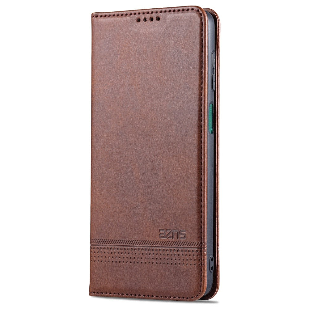 AZNS Wallet Design Auto-absorbed Magnet Well-Protected Leather Stand Mobile Shell Case for Samsung Galaxy F62/M62 - Coffee
