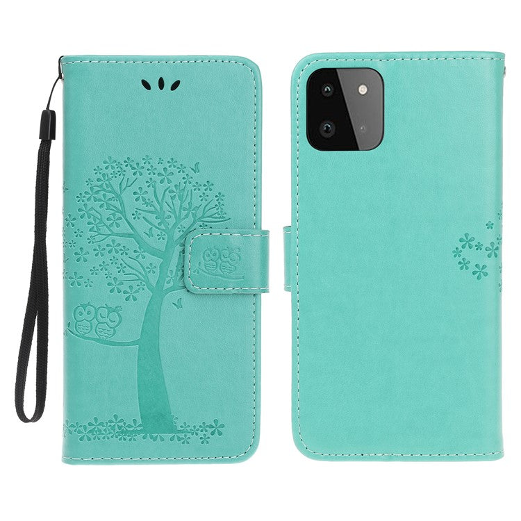 Owl Tree Pattern Imprint Leather Wallet Stand Case for Samsung Galaxy A22 5G (EU Version) - Cyan