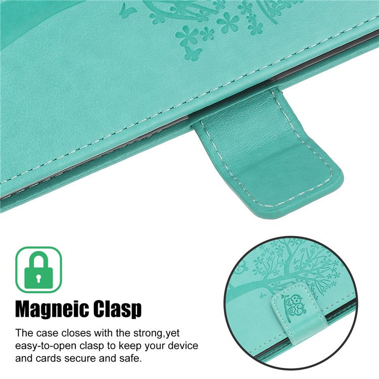 Owl Tree Pattern Imprint Leather Wallet Stand Case for Samsung Galaxy A22 5G (EU Version) - Cyan