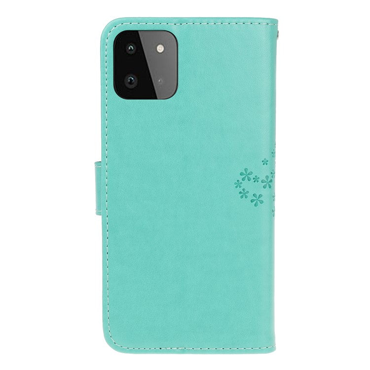 Owl Tree Pattern Imprint Leather Wallet Stand Case for Samsung Galaxy A22 5G (EU Version) - Cyan