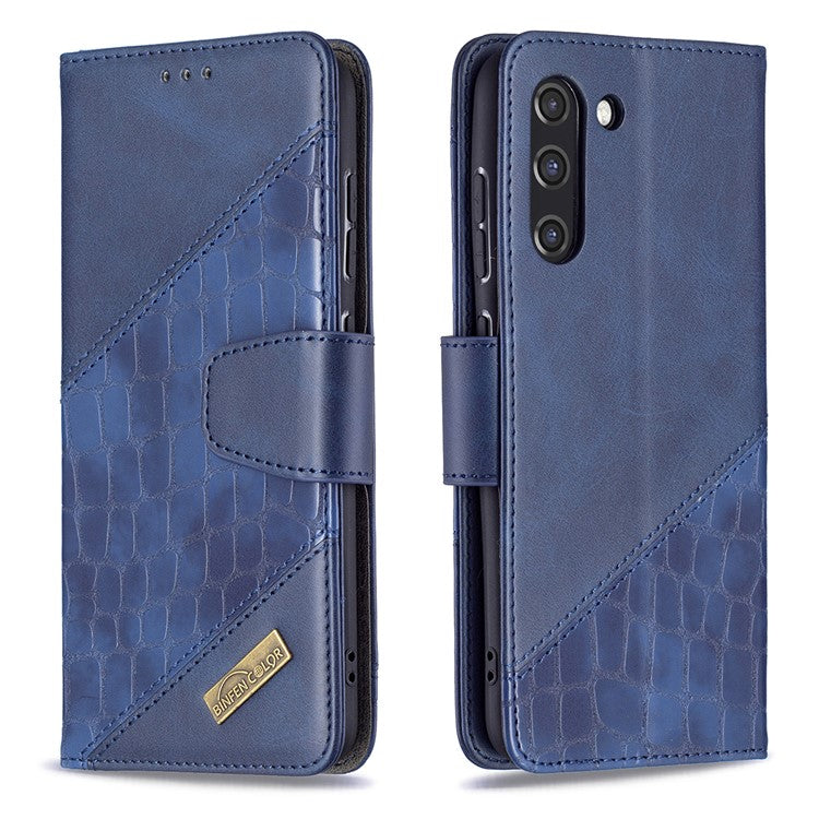 BF04 Splicing Crocodile Texture Leather Phone Shell Wallet Stand Case for Samsung Galaxy S21 FE 5G - Blue
