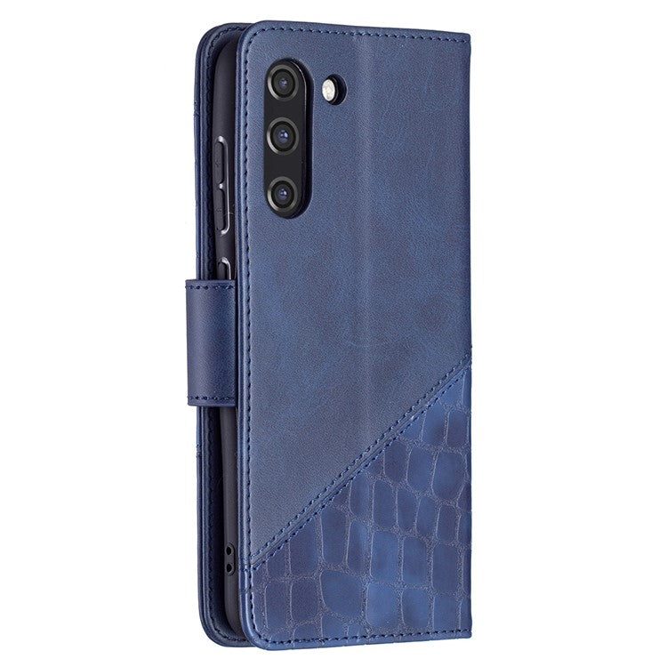BF04 Splicing Crocodile Texture Leather Phone Shell Wallet Stand Case for Samsung Galaxy S21 FE 5G - Blue