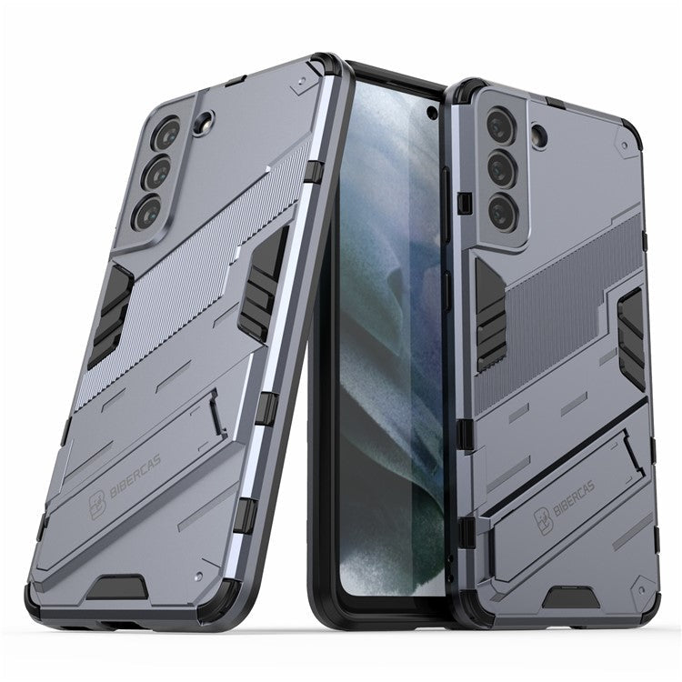 Anti-scratch PC + TPU Hybrid Phone Back Case Shockproof Cover with Kickstand for Samsung Galaxy S21 FE - Grey