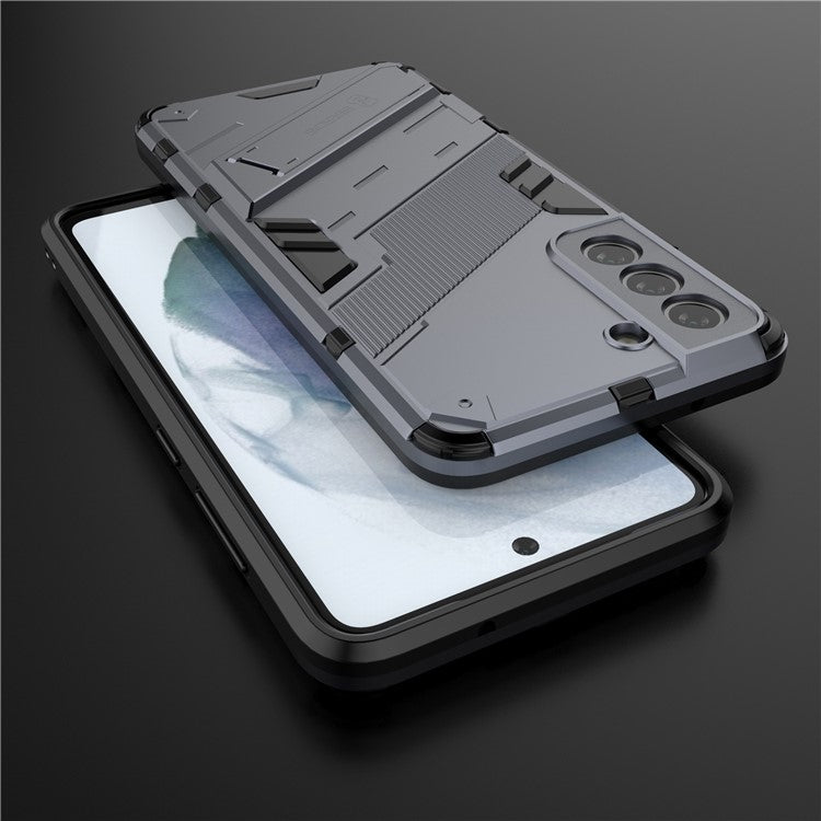 Anti-scratch PC + TPU Hybrid Phone Back Case Shockproof Cover with Kickstand for Samsung Galaxy S21 FE - Grey