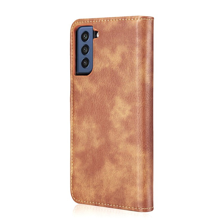 DG.MING for Samsung Galaxy S21 FE Detachable 2-in-1 Split Leather Wallet Case Stand Folio Magnetic Phone Cover - Brown