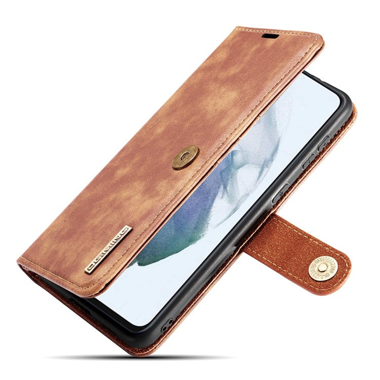 DG.MING for Samsung Galaxy S21 FE Detachable 2-in-1 Split Leather Wallet Case Stand Folio Magnetic Phone Cover - Brown