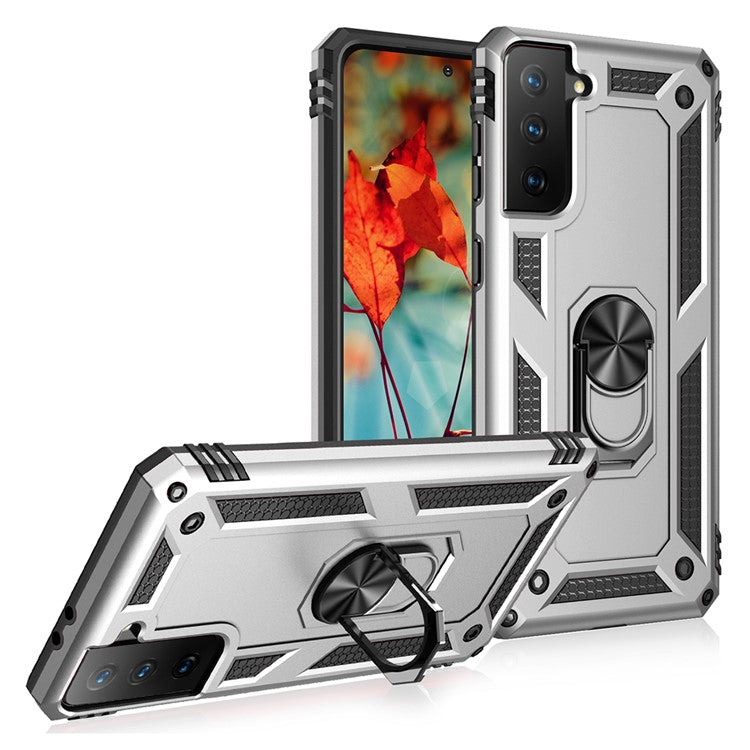 Anti-Fall Phone Hybrid PC + TPU + Metal Case Cover with Finger Ring Kickstand for Samsung Galaxy S21 FE - Silver