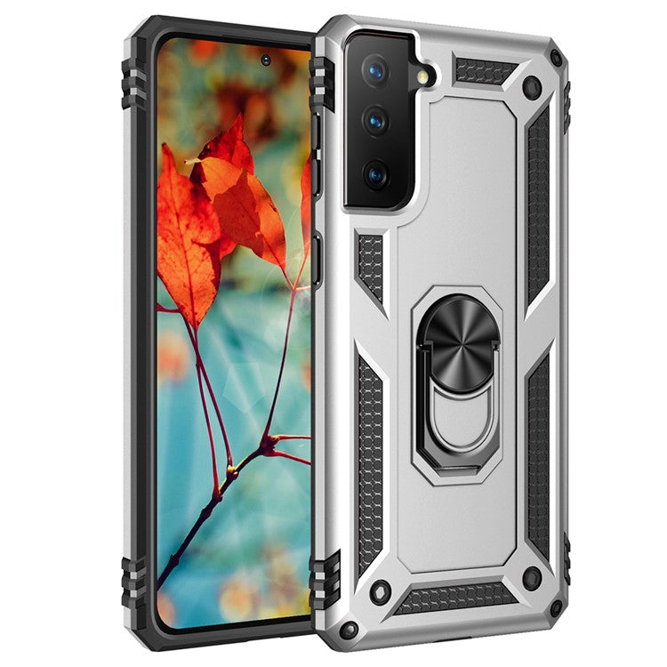 Anti-Fall Phone Hybrid PC + TPU + Metal Case Cover with Finger Ring Kickstand for Samsung Galaxy S21 FE - Silver