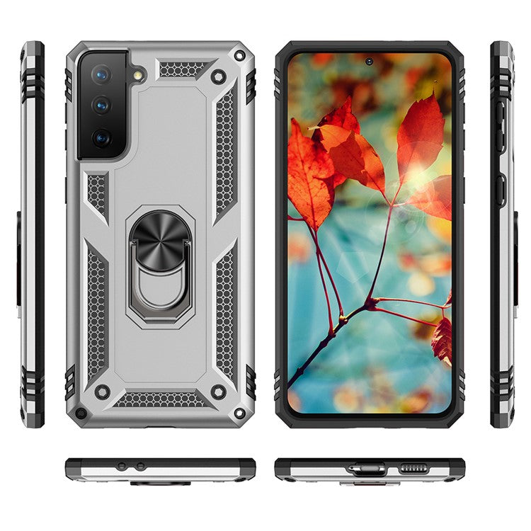 Anti-Fall Phone Hybrid PC + TPU + Metal Case Cover with Finger Ring Kickstand for Samsung Galaxy S21 FE - Silver