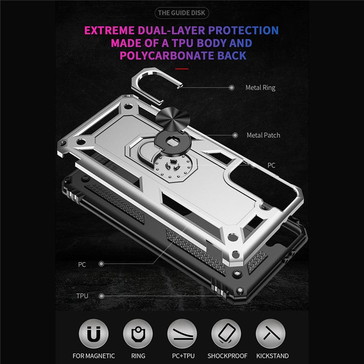 Anti-Fall Phone Hybrid PC + TPU + Metal Case Cover with Finger Ring Kickstand for Samsung Galaxy S21 FE - Silver