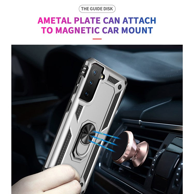 Anti-Fall Phone Hybrid PC + TPU + Metal Case Cover with Finger Ring Kickstand for Samsung Galaxy S21 FE - Silver