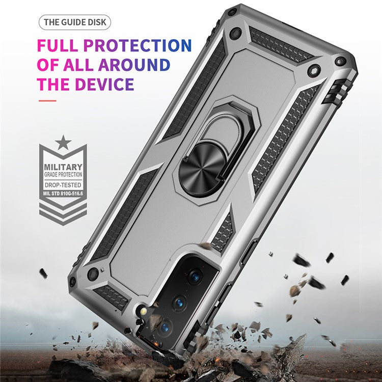 Anti-Fall Phone Hybrid PC + TPU + Metal Case Cover with Finger Ring Kickstand for Samsung Galaxy S21 FE - Silver