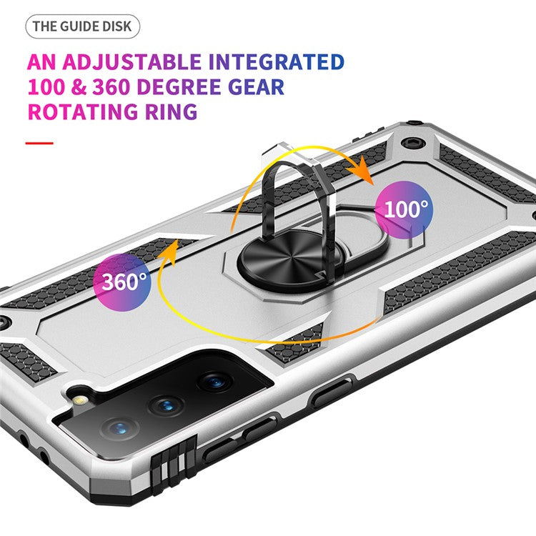 Anti-Fall Phone Hybrid PC + TPU + Metal Case Cover with Finger Ring Kickstand for Samsung Galaxy S21 FE - Silver