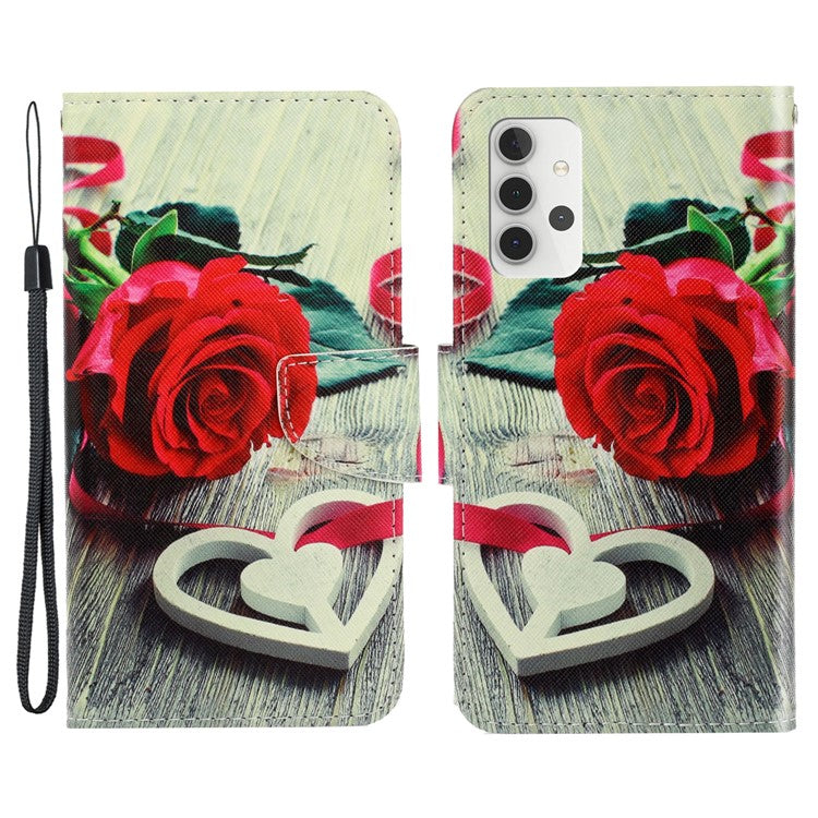 Pattern Printing Wallet Stand Design Cross Texture Leather Phone Cover Case for Samsung Galaxy A32 4G (EU Version) - Rose Flower