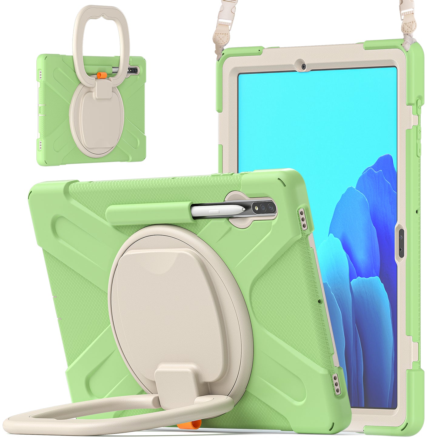 PC + Silicone 360 Degree Swivel Kickstand Case with Shoulder Strap for Samsung Galaxy Tab S9 FE+ / S9+ / S8+ / S7+ T970 / T975 - Grass Green / White