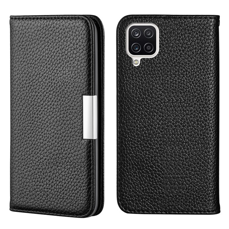 Metal Buckle Design Litchi Skin Auto-absorbed Leather Phone Shell Case with Card Slots for Samsung Galaxy A22 4G (EU Version) - Black