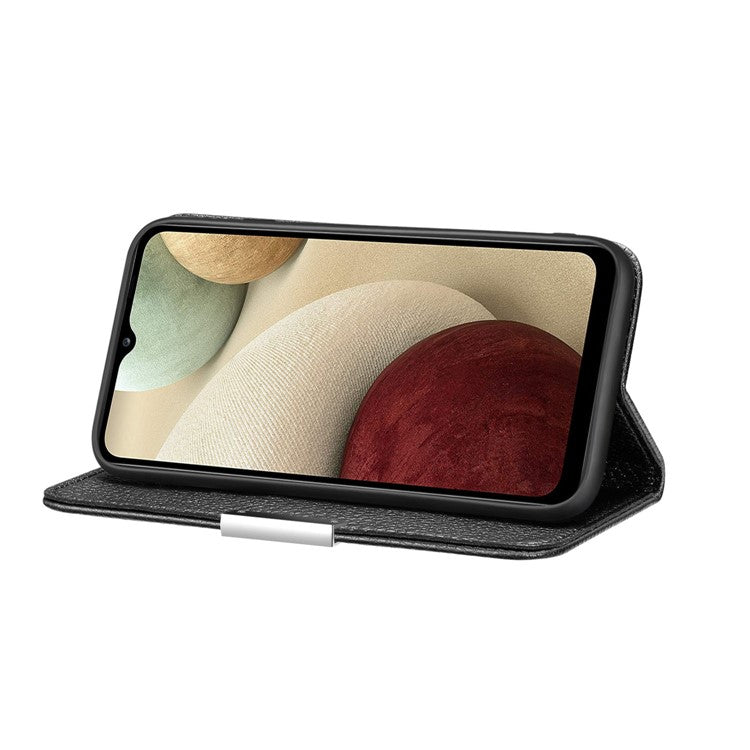 Metal Buckle Design Litchi Skin Auto-absorbed Leather Phone Shell Case with Card Slots for Samsung Galaxy A22 4G (EU Version) - Black