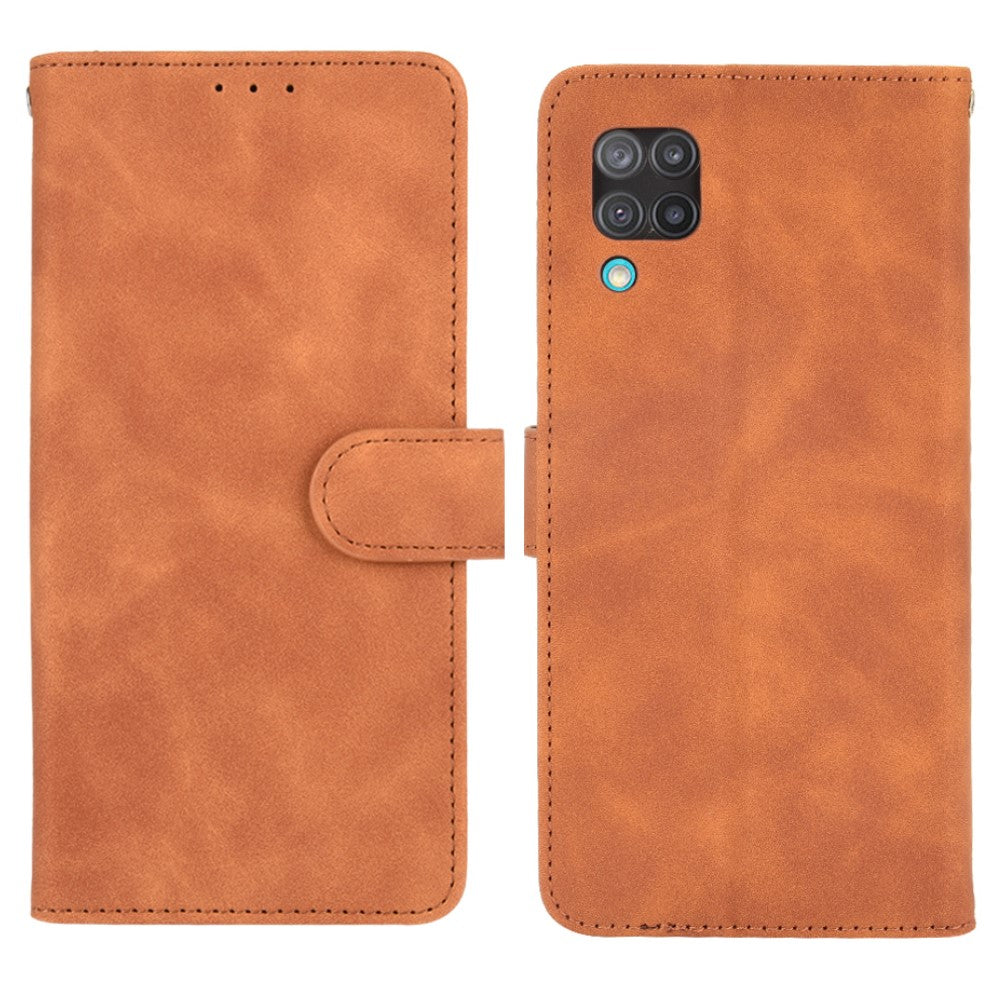 Silky Touch Leather Wallet Phone Cover Stand Case for Samsung Galaxy M12/F12 - Brown