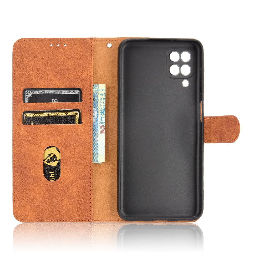 Silky Touch Leather Wallet Phone Cover Stand Case for Samsung Galaxy M12/F12 - Brown