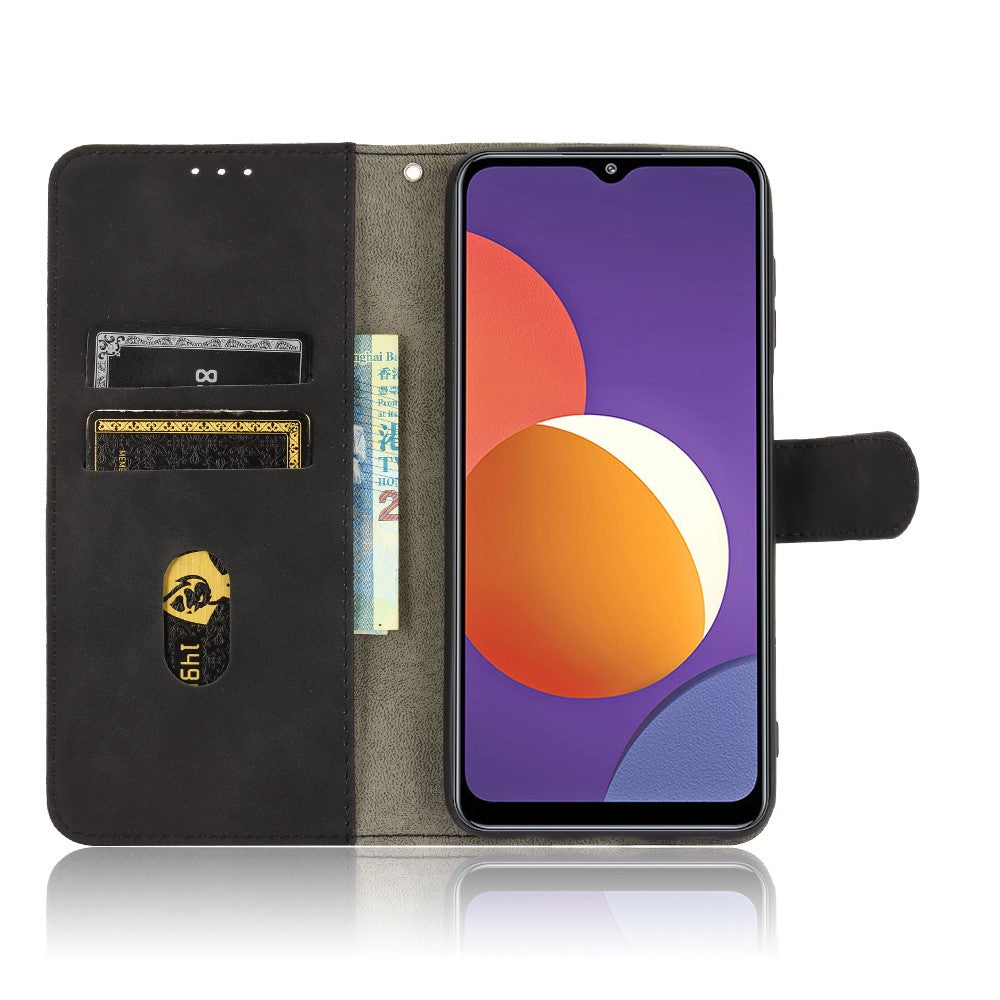 Silky Touch Leather Wallet Phone Cover Stand Case for Samsung Galaxy M12/F12 - Black