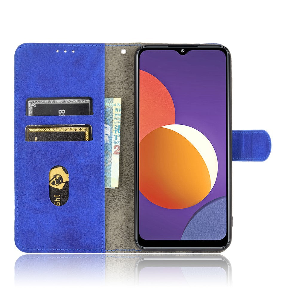 Silky Touch Leather Wallet Phone Cover Stand Case for Samsung Galaxy M12/F12 - Blue
