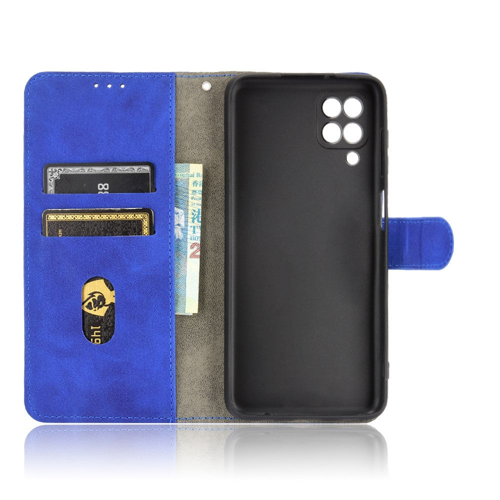 Silky Touch Leather Wallet Phone Cover Stand Case for Samsung Galaxy M12/F12 - Blue