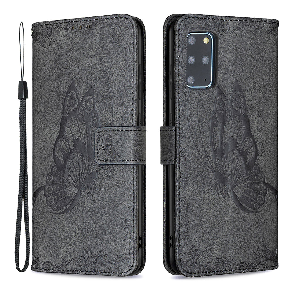 For Samsung Galaxy S20 Plus 4G / 5G Phone Case PU Leather Imprinted Butterfly Pattern Wallet Stand Phone Cover - Black