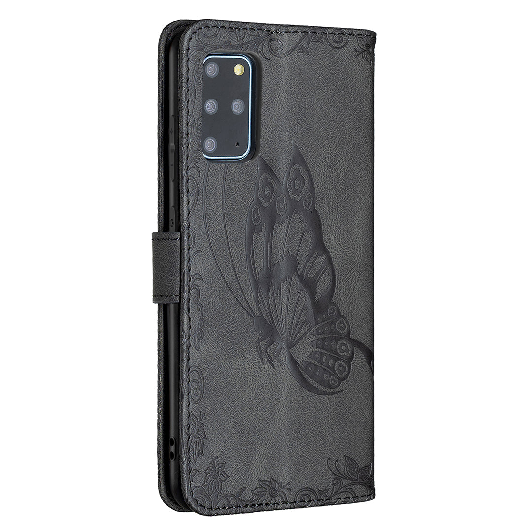 For Samsung Galaxy S20 Plus 4G / 5G Phone Case PU Leather Imprinted Butterfly Pattern Wallet Stand Phone Cover - Black