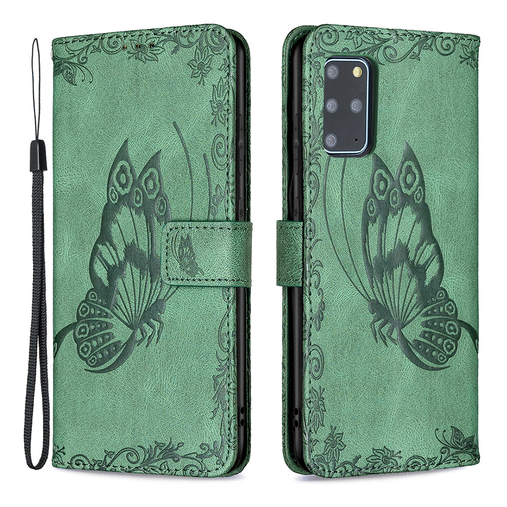 For Samsung Galaxy S20 Plus 4G / 5G Phone Case PU Leather Imprinted Butterfly Pattern Wallet Stand Phone Cover - Green