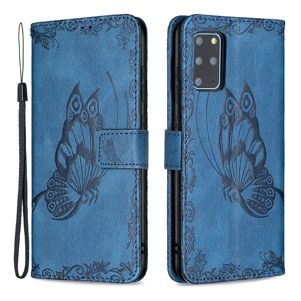 For Samsung Galaxy S20 Plus 4G / 5G Phone Case PU Leather Imprinted Butterfly Pattern Wallet Stand Phone Cover - Blue