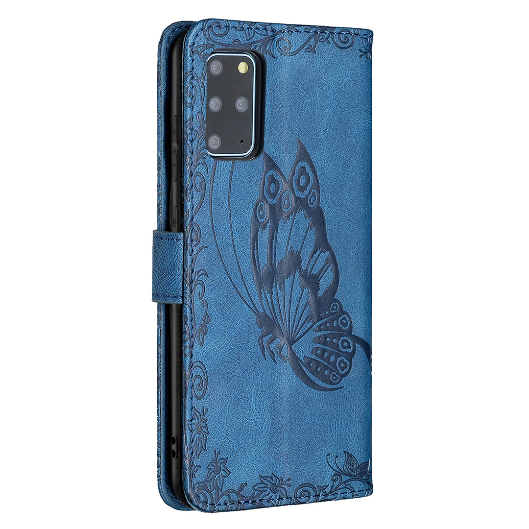 For Samsung Galaxy S20 Plus 4G / 5G Phone Case PU Leather Imprinted Butterfly Pattern Wallet Stand Phone Cover - Blue