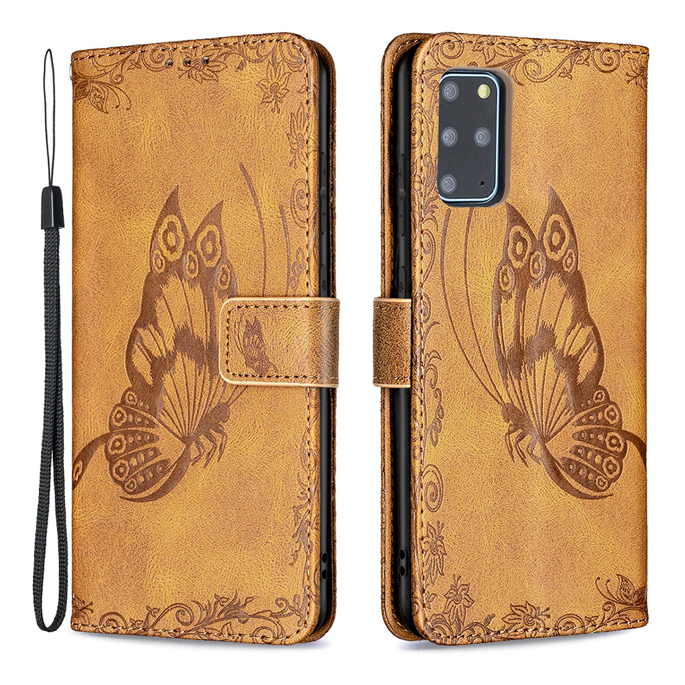 For Samsung Galaxy S20 Plus 4G / 5G Phone Case PU Leather Imprinted Butterfly Pattern Wallet Stand Phone Cover - Brown