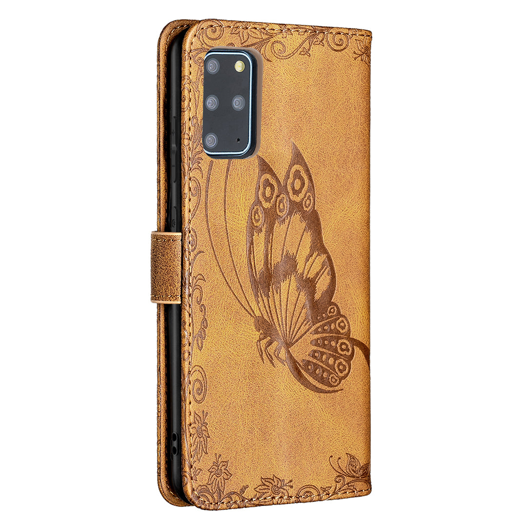 For Samsung Galaxy S20 Plus 4G / 5G Phone Case PU Leather Imprinted Butterfly Pattern Wallet Stand Phone Cover - Brown