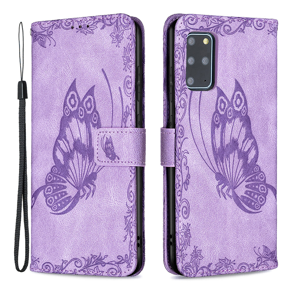 For Samsung Galaxy S20 Plus 4G / 5G Phone Case PU Leather Imprinted Butterfly Pattern Wallet Stand Phone Cover - Purple