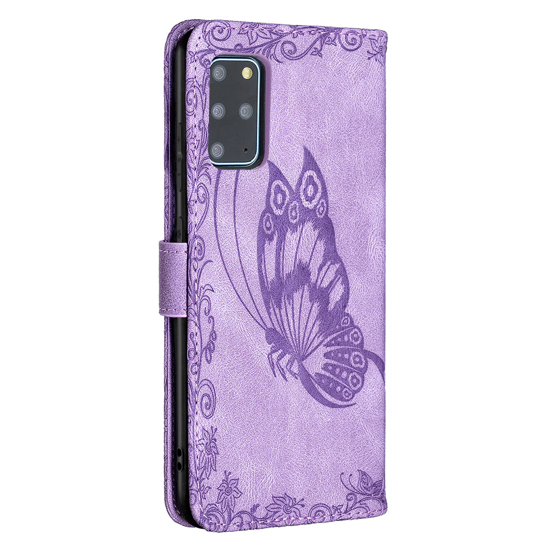 For Samsung Galaxy S20 Plus 4G / 5G Phone Case PU Leather Imprinted Butterfly Pattern Wallet Stand Phone Cover - Purple
