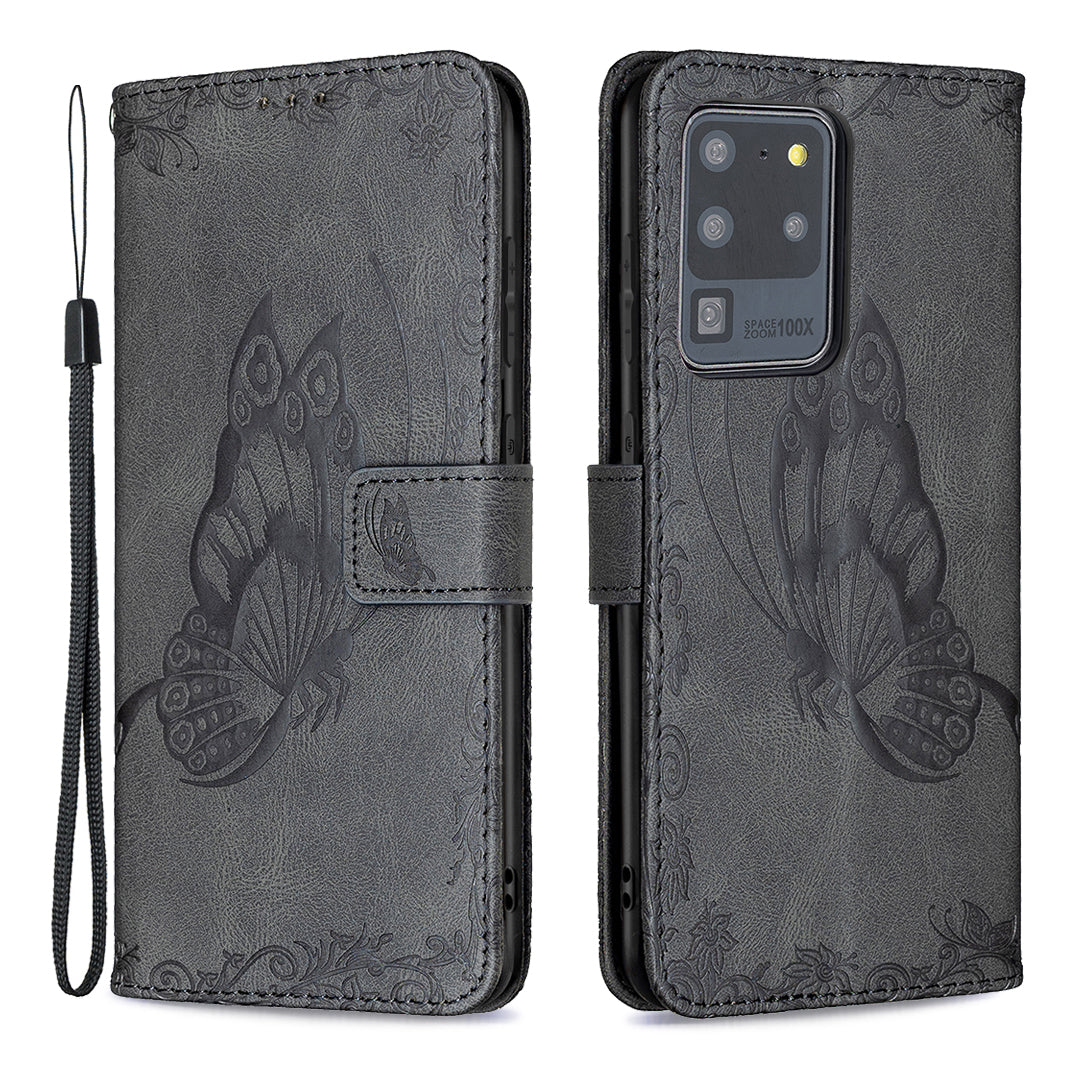 Imprint Butterfly Flower Leather Wallet Shell Cover for Samsung Galaxy S20 Ultra - Black
