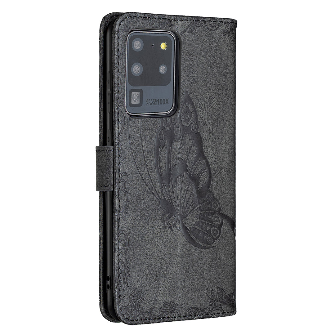 Imprint Butterfly Flower Leather Wallet Shell Cover for Samsung Galaxy S20 Ultra - Black