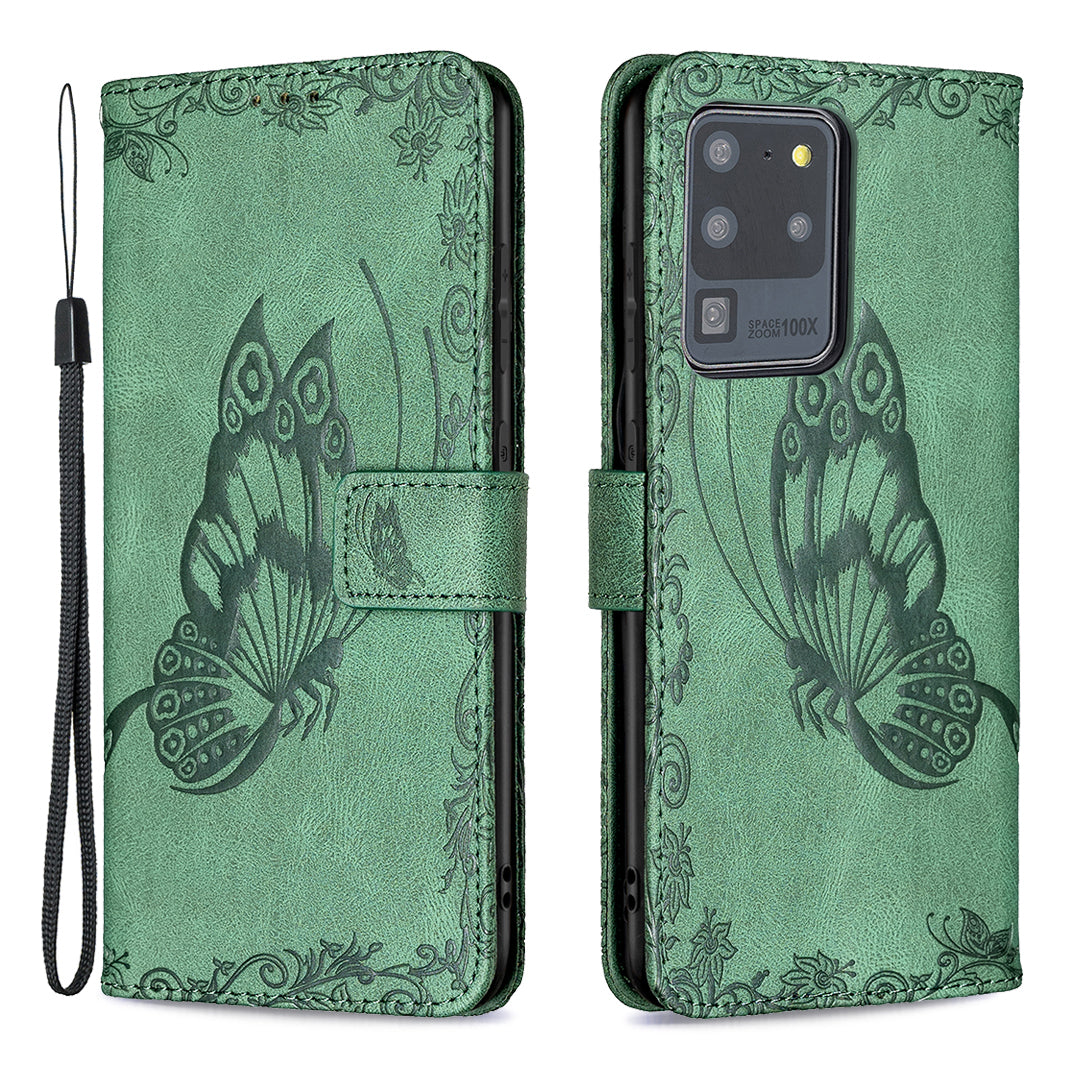Imprint Butterfly Flower Leather Wallet Shell Cover for Samsung Galaxy S20 Ultra - Green